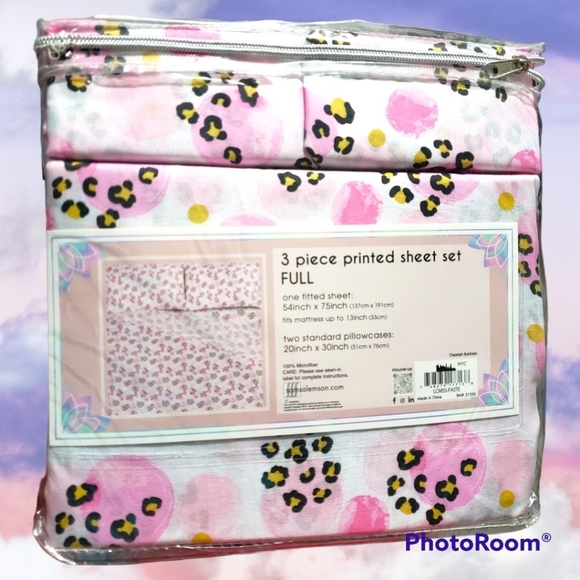 🆕️NWT LULU & COCO 3 piece FULL size Pink Cheetah Bubbles printed Bed Sheet Set - Picture 3 of 7